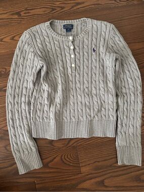 Polo by Ralph Lauren Light Gray Cable-Knit Henley Sweater with Purple Logo